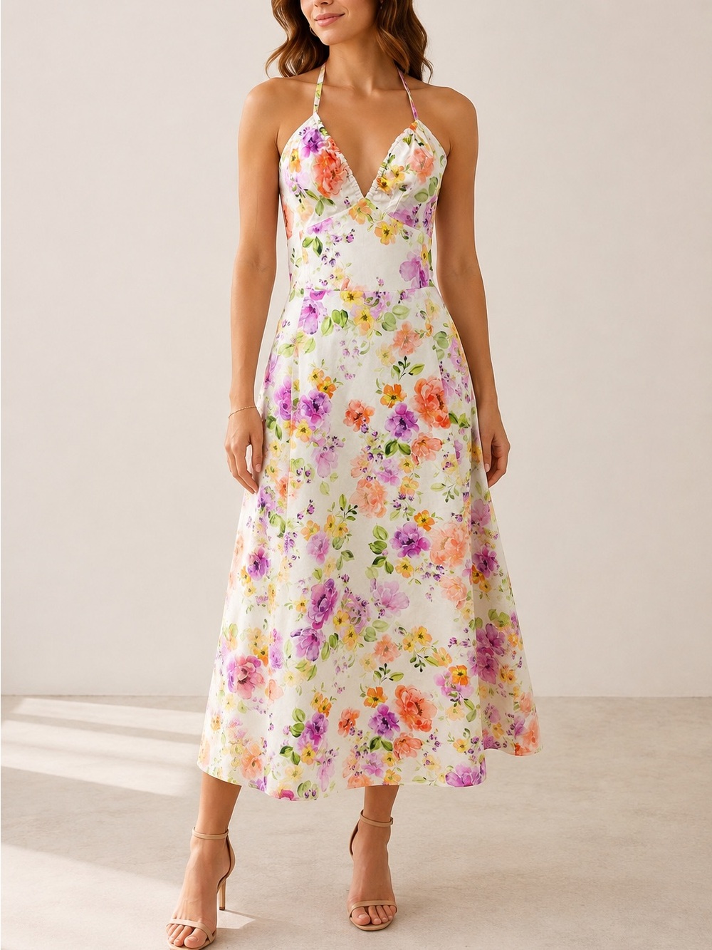 Favorite Daughter The Halting Traffic Floral Halter Midi Dress Smocked Back 4